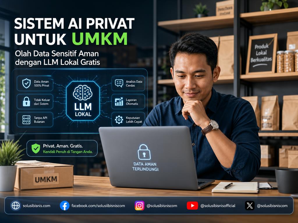 Ilustrasi pengolahan data sensitif UMKM menggunakan sistem AI privat berbasis LLM lokal untuk keamanan data yang terjamin.
