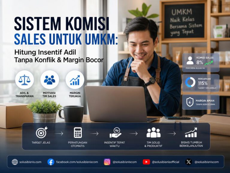 Ilustrasi sistem komisi sales untuk UMKM dengan grafik insentif, tim sales, dan kontrol margin
