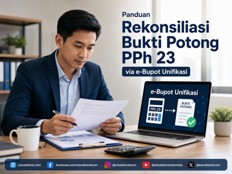 Ilustrasi profesional memeriksa dokumen keuangan dan pajak untuk proses rekonsiliasi e-Bupot Unifikasi.