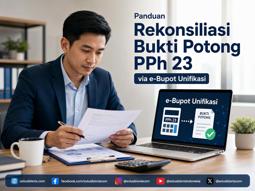 Ilustrasi profesional memeriksa dokumen keuangan dan pajak untuk proses rekonsiliasi e-Bupot Unifikasi.