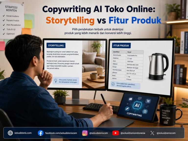 Ilustrasi komparasi pendekatan copywriting AI storytelling dan fitur produk toko online