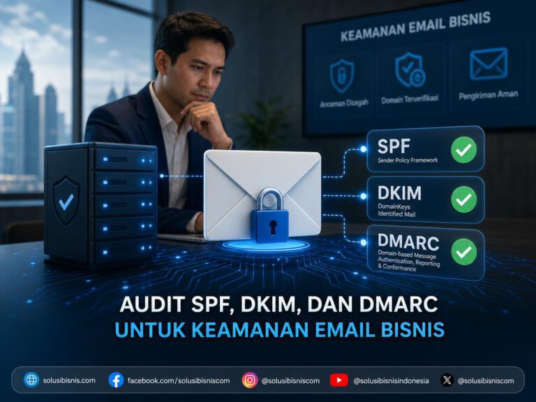 Ilustrasi konsep audit autentikasi email bisnis menggunakan protokol keamanan domain.
