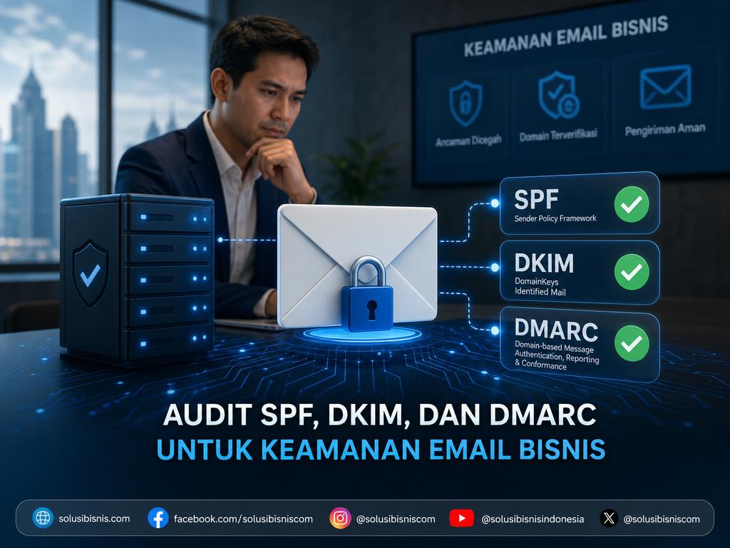 Ilustrasi konsep audit autentikasi email bisnis menggunakan protokol keamanan domain.