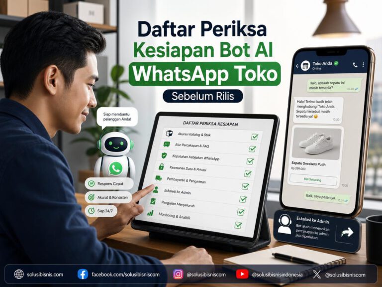 Ilustrasi daftar periksa audit kesiapan bot AI WhatsApp untuk layanan pelanggan toko