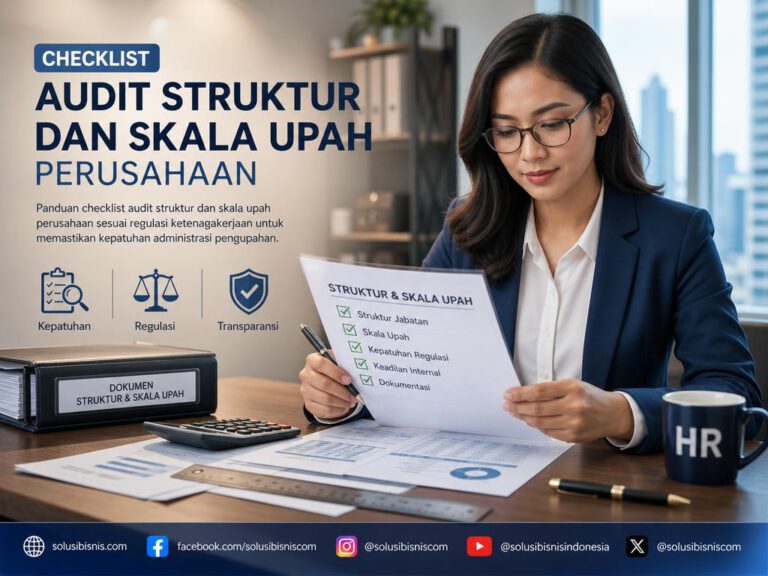 Ilustrasi audit struktur dan skala upah perusahaan sesuai regulasi ketenagakerjaan.