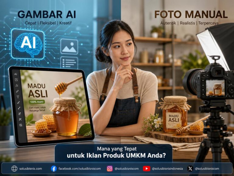 Ilustrasi perbandingan pembuatan visual iklan dengan AI generatif dan pemotretan foto manual