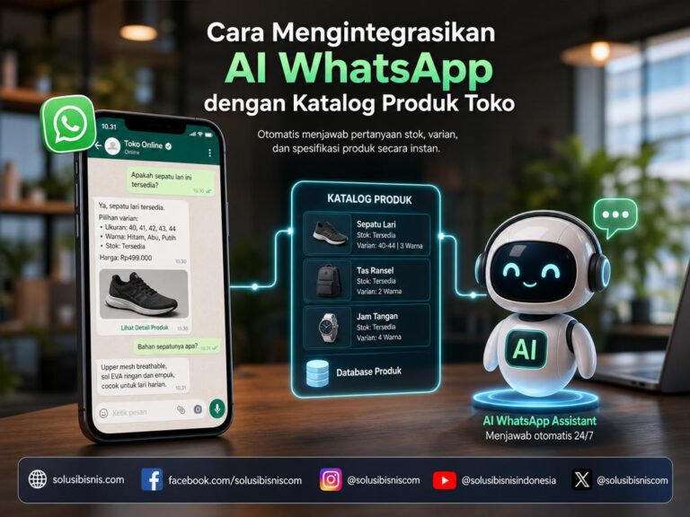 Ilustrasi konsep koneksi agen AI dan katalog produk dalam aplikasi perpesanan bisnis.