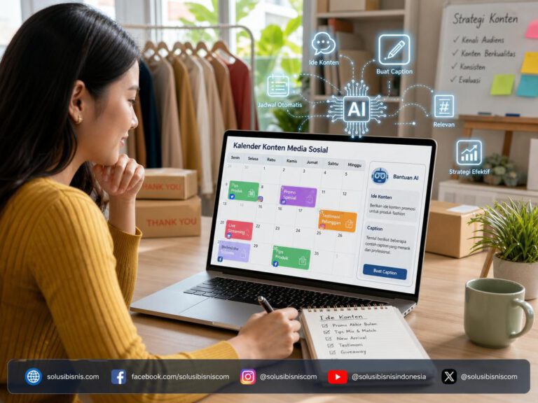 Ilustrasi penyusunan kalender konten media sosial toko online menggunakan bantuan teknologi AI.