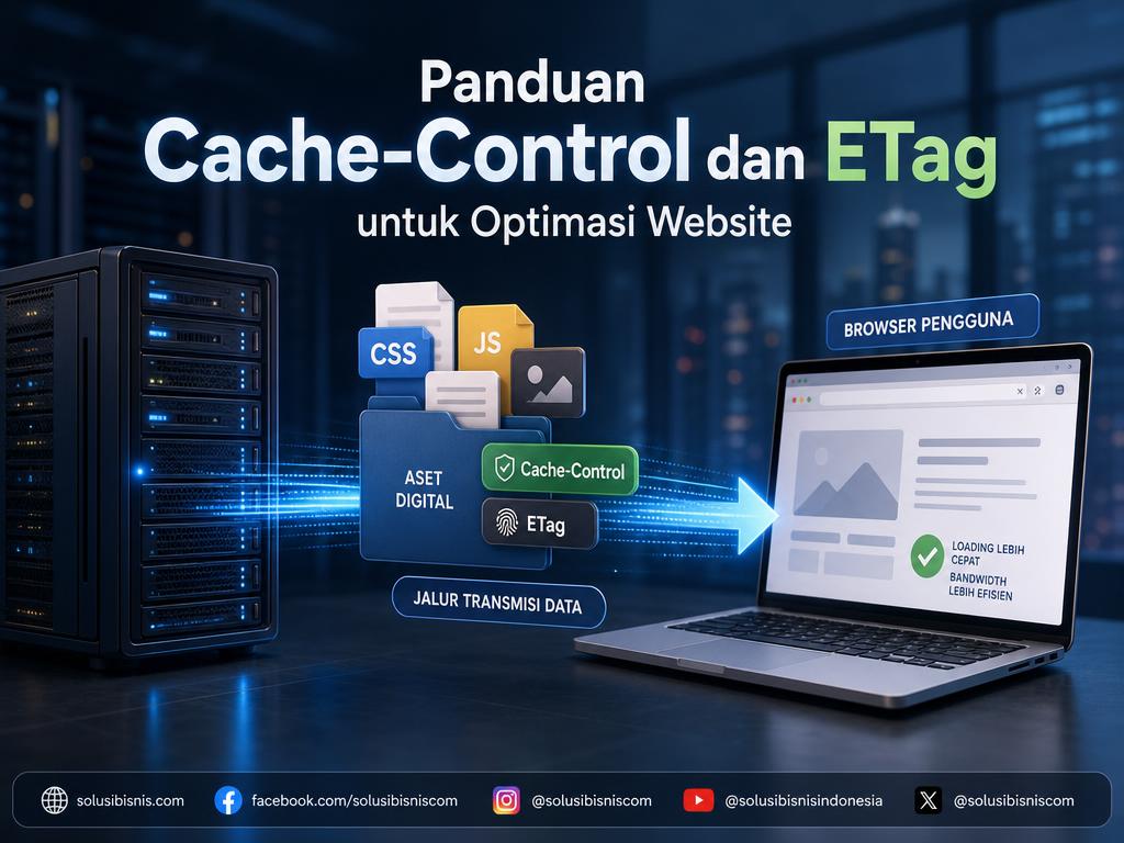 Ilustrasi konsep konfigurasi header Cache-Control dan ETag pada server web.