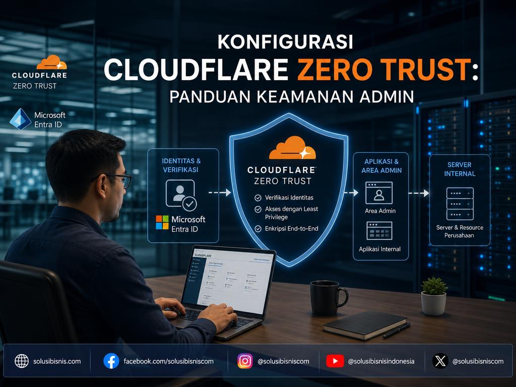 Ilustrasi konsep keamanan sistem Cloudflare Zero Trust untuk mengamankan aplikasi perusahaan.
