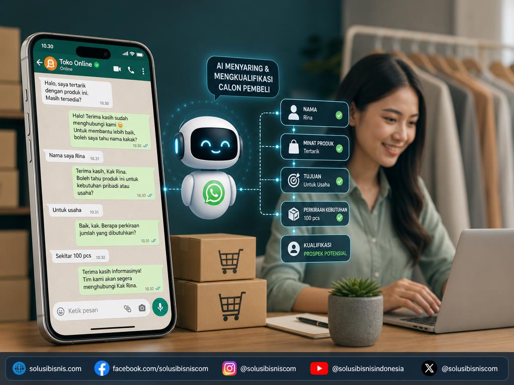 Ilustrasi alur kualifikasi pesan calon pembeli di aplikasi WhatsApp menggunakan agen virtual AI.