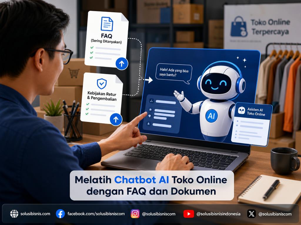 Ilustrasi integrasi dokumen FAQ toko online ke sistem asisten virtual AI