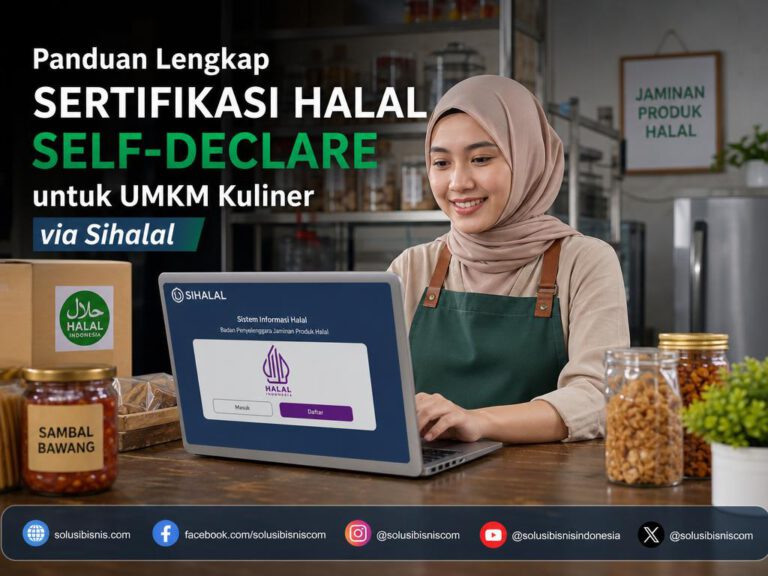 Ilustrasi pengusaha UMKM kuliner mengakses portal Sihalal untuk pengajuan sertifikasi halal self-declare.