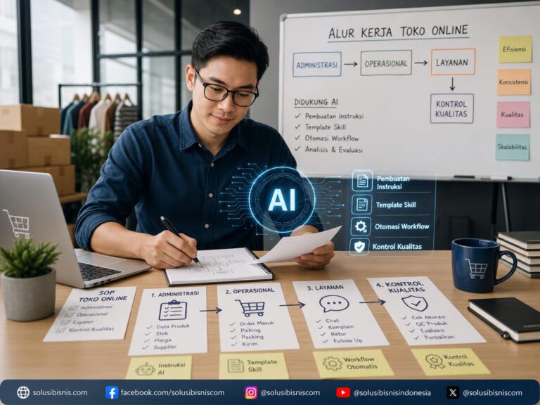 Ilustrasi alur kerja administrasi toko online menggunakan bantuan teknologi AI