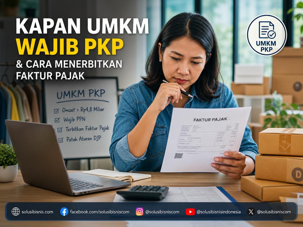 Ilustrasi pengusaha UMKM memeriksa faktur pajak di depan laptop