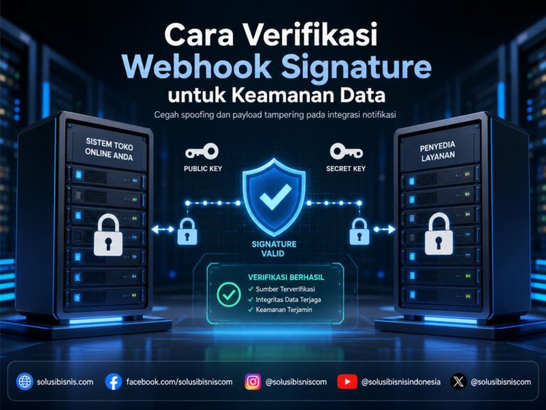 Ilustrasi proses verifikasi webhook signature untuk mengamankan data notifikasi transaksi online.