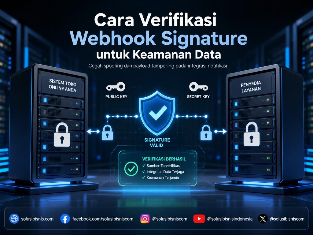 Ilustrasi proses verifikasi webhook signature untuk mengamankan data notifikasi transaksi online.