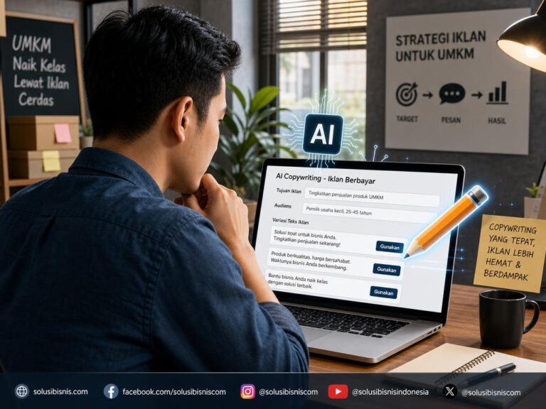 Ilustrasi proses peninjauan teks iklan berbayar buatan AI oleh pemilik usaha.
