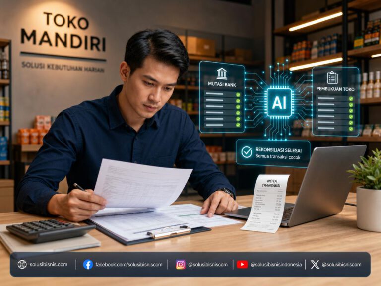 Ilustrasi proses rekonsiliasi mutasi bank dan pembukuan harian toko berbantuan AI