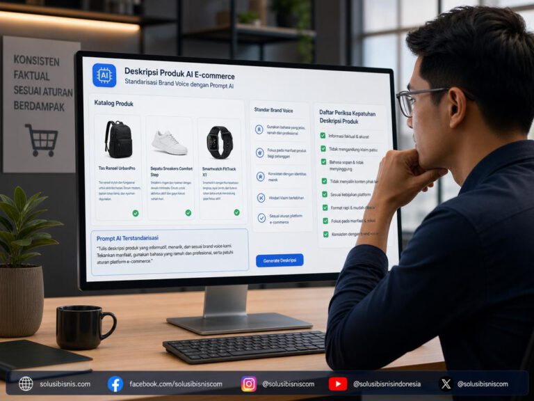 Ilustrasi peninjauan katalog e-commerce dan penulisan deskripsi produk berbasis AI.